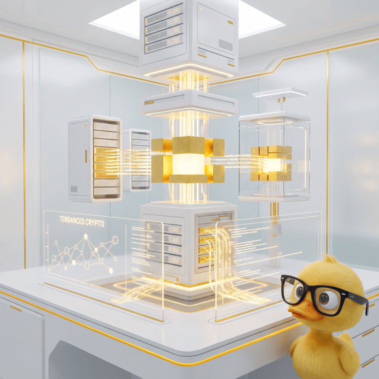 Architecture serveur et flux de données montrant les tendances crypto de Bitcoin et Ethereum