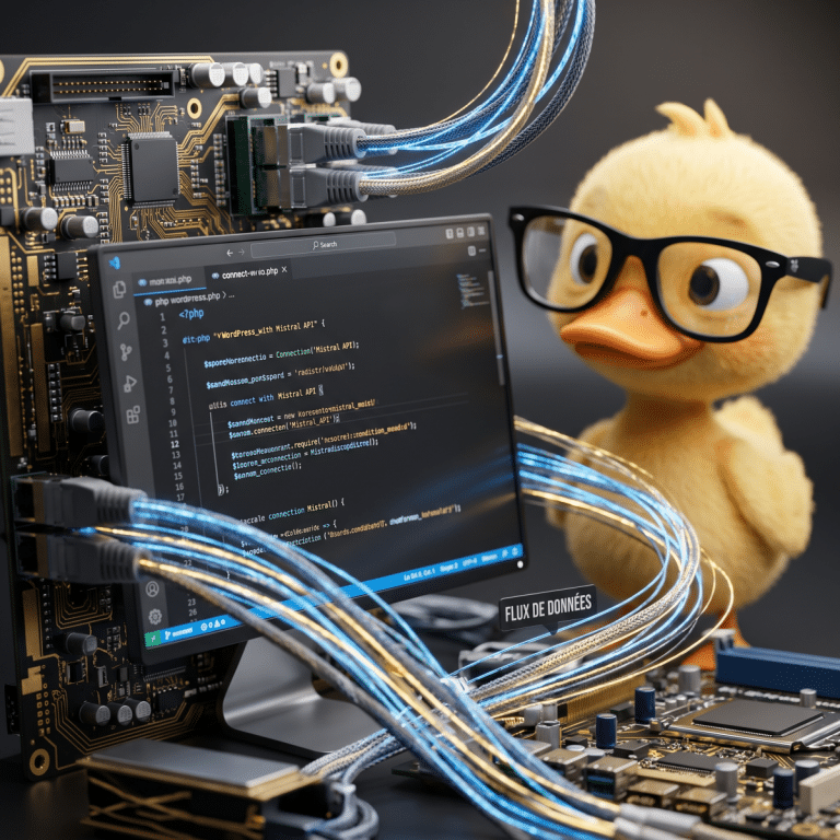 Écran de code PHP et flux lumineux connectant mistral wordpress sur serveur sécurisé